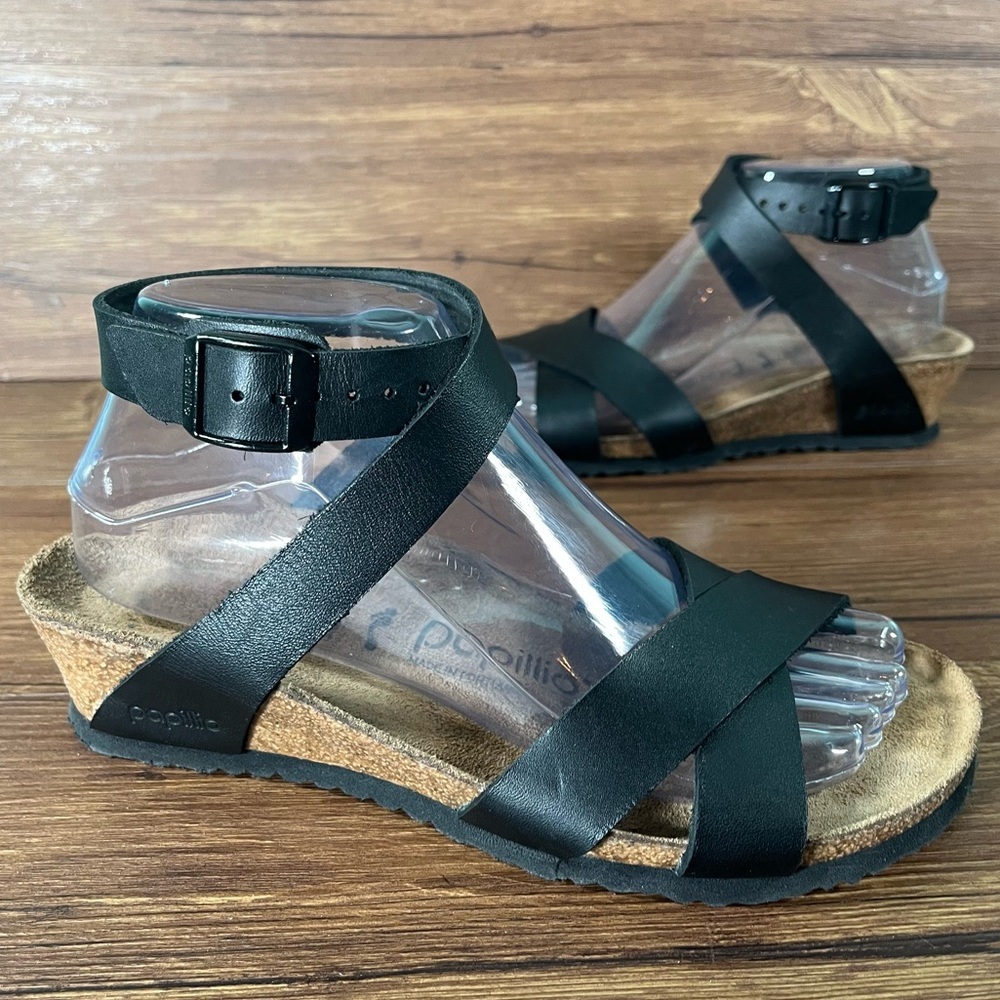 Papillio Black Leather Strappy Cork Wedge Sandals